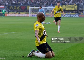 BREDA, NETHERLANDS - MARCH 8: Andre Ayew of NAC Breda celebrates 3-2 during the Dutch Eredivisie  match between NAC Breda v Feyenoord at the Rat Verlegh Stadium on March 8, 2026 in Breda Netherlands (Photo by Pim Waslander/Soccrates/Getty Images)