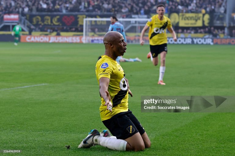 BREDA, NETHERLANDS - MARCH 8: Andre Ayew of NAC Breda celebrates 3-2 during the Dutch Eredivisie  match between NAC Breda v Feyenoord at the Rat Verlegh Stadium on March 8, 2026 in Breda Netherlands (Photo by Pim Waslander/Soccrates/Getty Images)