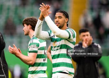 GLASGOW, SCOTLAND - MARCH 14: Celtic's Benjamin Arthur applauds fans at full time during a William Hill Premiership match between Celtic and Motherwell at Celtic Park, on March 14, 2026, in Glasgow, Scotland. (Photo by Paul Devlin/SNS Group via Getty Images)