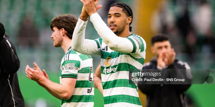 GLASGOW, SCOTLAND - MARCH 14: Celtic's Benjamin Arthur applauds fans at full time during a William Hill Premiership match between Celtic and Motherwell at Celtic Park, on March 14, 2026, in Glasgow, Scotland. (Photo by Paul Devlin/SNS Group via Getty Images)