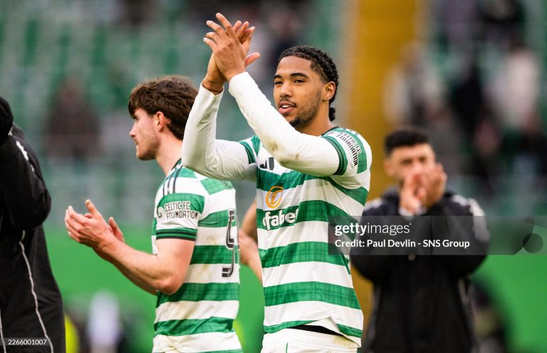 GLASGOW, SCOTLAND - MARCH 14: Celtic's Benjamin Arthur applauds fans at full time during a William Hill Premiership match between Celtic and Motherwell at Celtic Park, on March 14, 2026, in Glasgow, Scotland. (Photo by Paul Devlin/SNS Group via Getty Images)