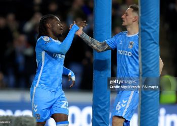 Coventry City's Brandon Thomas-Asante (left) celebrates with Coventry City's Matt Grimes after scoring his sides second goal during the Sky Bet Championship match at the Coventry Building Society Arena, Coventry. Picture date: Wednesday March 11, 2026. (Photo by Nigel French/PA Images via Getty Images)