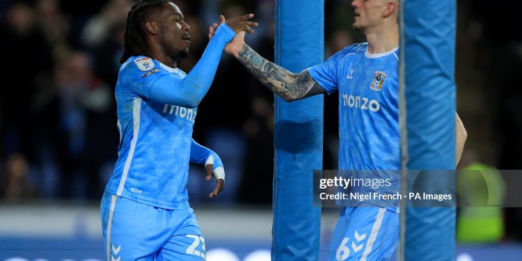 Coventry City's Brandon Thomas-Asante (left) celebrates with Coventry City's Matt Grimes after scoring his sides second goal during the Sky Bet Championship match at the Coventry Building Society Arena, Coventry. Picture date: Wednesday March 11, 2026. (Photo by Nigel French/PA Images via Getty Images)
