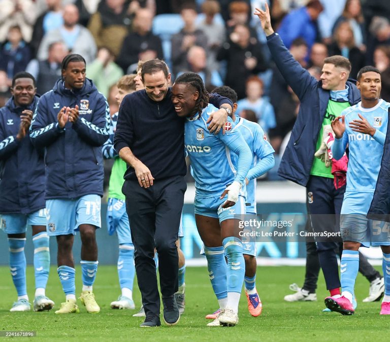COVENTRY, ENGLAND - OCTOBER 18: Coventry City manager Frank Lampard enjoys a laugh with Brandon Thomas-Asante at the end of the match
 during the Sky Bet Championship match between Coventry City and Blackburn Rovers at The Coventry Building Society Arena on October 18, 2025 in Coventry, England. (Photo by Lee Parker - CameraSport via Getty Images)
