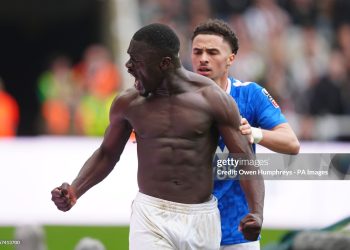 Sunderland's Brian Brobbey celebrates scoring their side's second goal of the game as Newcastle United players look dejected uring the Premier League match at St James' Park, Newcastle upon Tyne. Picture date: Sunday March 22, 2026. (Photo by Owen Humphreys/PA Images via Getty Images)