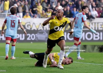 BREDA, NETHERLANDS - MARCH 8: Andre Ayew of NAC Breda celebrates 3-2 during the Dutch Eredivisie  match between NAC Breda v Feyenoord at the Rat Verlegh Stadium on March 8, 2026 in Breda Netherlands (Photo by Pim Waslander/Soccrates/Getty Images)