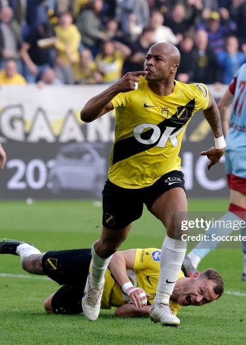 BREDA, NETHERLANDS - MARCH 8: Andre Ayew of NAC Breda celebrates 3-2 during the Dutch Eredivisie  match between NAC Breda v Feyenoord at the Rat Verlegh Stadium on March 8, 2026 in Breda Netherlands (Photo by Pim Waslander/Soccrates/Getty Images)