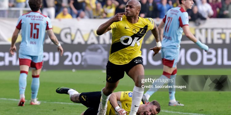 BREDA, NETHERLANDS - MARCH 8: Andre Ayew of NAC Breda celebrates 3-2 during the Dutch Eredivisie  match between NAC Breda v Feyenoord at the Rat Verlegh Stadium on March 8, 2026 in Breda Netherlands (Photo by Pim Waslander/Soccrates/Getty Images)