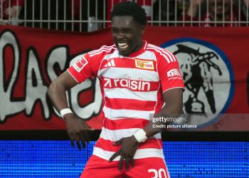 08 March 2026, Berlin: Soccer, Men: Bundesliga, 1. FC Union Berlin - SV Werder Bremen, Matchday 25, An der Alten Försterei, Derrick Köhn (1. FC Union Berlin) celebrates his penalty to make it 1-0. Photo: Soeren Stache/dpa - IMPORTANT NOTE: In accordance with the regulations of the DFL German Football League and the DFB German Football Association, it is prohibited to utilize or have utilized photographs taken in the stadium and/or of the match in the form of sequential images and/or video-like photo series. (Photo by Soeren Stache/picture alliance via Getty Images)