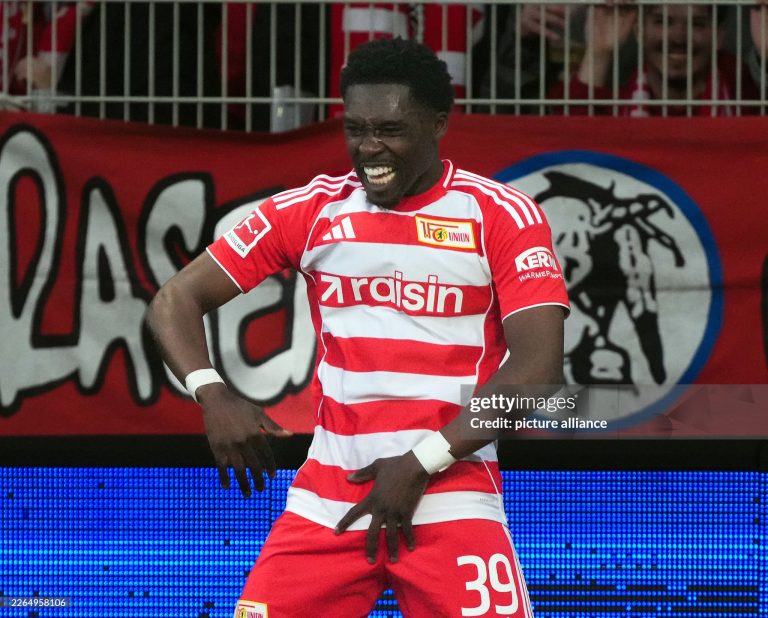 08 March 2026, Berlin: Soccer, Men: Bundesliga, 1. FC Union Berlin - SV Werder Bremen, Matchday 25, An der Alten Försterei, Derrick Köhn (1. FC Union Berlin) celebrates his penalty to make it 1-0. Photo: Soeren Stache/dpa - IMPORTANT NOTE: In accordance with the regulations of the DFL German Football League and the DFB German Football Association, it is prohibited to utilize or have utilized photographs taken in the stadium and/or of the match in the form of sequential images and/or video-like photo series. (Photo by Soeren Stache/picture alliance via Getty Images)