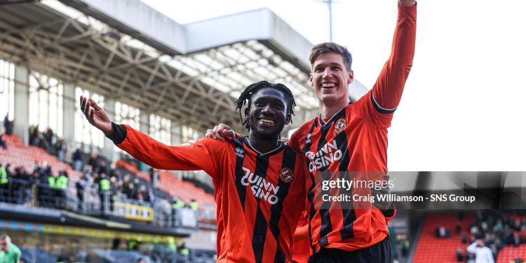 DUNDEE, SCOTLAND - MARCH 22: Dundee United's Emmanuel Agyei and Krisztian Keresztes celebrate at full time during a William Hill Premiership match between Dundee United and Celtic at the CalForth Construction Arena at Tannadice, on March 22, 2026, in Dundee, Scotland. (Photo by Craig Williamson/SNS Group via Getty Images)