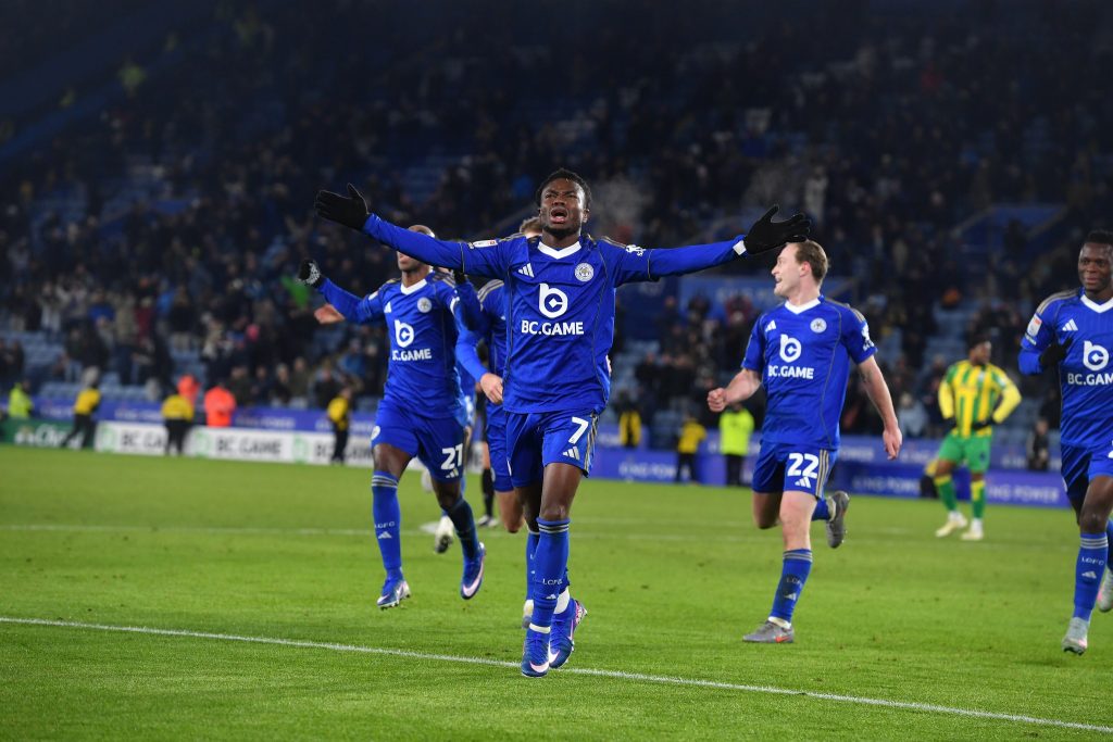 LEICESTER, ENGLAND - JANUARY 05: Abdul Fatawu of Leicester City celebrates scoring the second goal for Leicester City during the Sky Bet Championship match between Leicester City and West Bromwich Albion at King Power Stadium on January 05, 2026 in Leicester, United Kingdom. (Photo by Plumb Images/Leicester City FC via Getty Images)