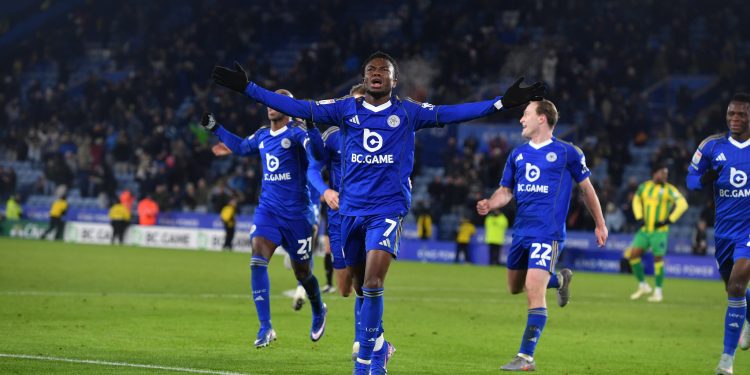 LEICESTER, ENGLAND - JANUARY 05: Abdul Fatawu of Leicester City celebrates scoring the second goal for Leicester City during the Sky Bet Championship match between Leicester City and West Bromwich Albion at King Power Stadium on January 05, 2026 in Leicester, United Kingdom. (Photo by Plumb Images/Leicester City FC via Getty Images)