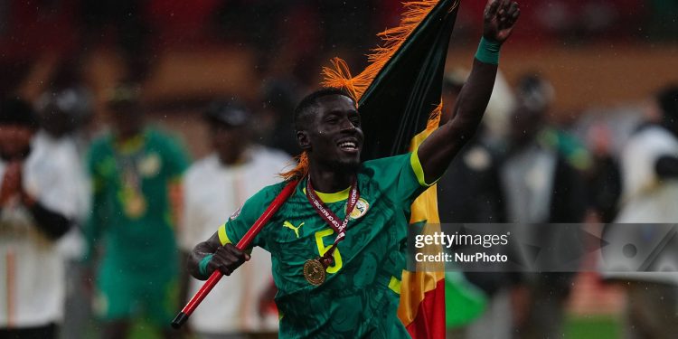 Idriss Gana Gueye of Senegal celebrate during the AFCON final between Morocco and Senegal at Complexe Sportif Prince Moulay Abdellah, Rabat, Morocco on January 19, 2026. (Photo by Ulrik Pedersen/NurPhoto via Getty Images)