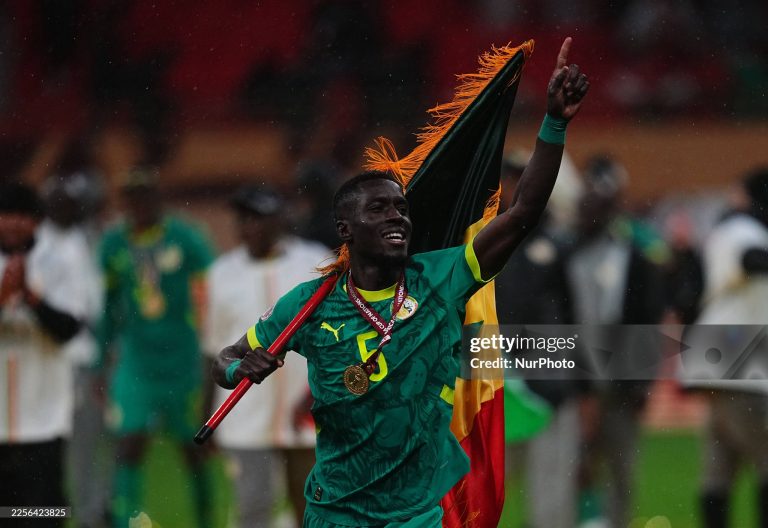 Idriss Gana Gueye of Senegal  celebrate  during the AFCON final between Morocco and Senegal at Complexe Sportif Prince Moulay Abdellah, Rabat, Morocco on January 19, 2026.  (Photo by Ulrik Pedersen/NurPhoto via Getty Images)