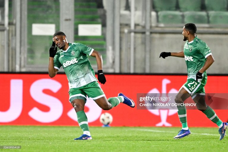Ludogorets' Swiss forward #9 Kwadwo Duah (L) celebrates after scoring his team's first goal during the UEFA Europa League - knockout round play-off first leg - football match between PFC Ludogorets Razgrad and Ferencvarosi TC at the Ludogorets Arena in Razgrad on February 19, 2026. (Photo by Nikolay DOYCHINOV / AFP via Getty Images)