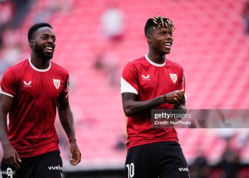 Iñaki Williams right winger of Athletic Club and Ghana and Nico Williams left winger of Athletic Club and Spain during the warm-up before the LaLiga EA Sports match between Athletic Club and Rayo Vallecano de Madrid at Estadio de San Mames on August 25, 2025 in Bilbao, Spain. (Photo by Jose Breton/Pics Action/NurPhoto via Getty Images)