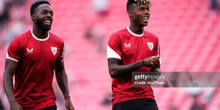 Iñaki Williams right winger of Athletic Club and Ghana and Nico Williams left winger of Athletic Club and Spain during the warm-up before the LaLiga EA Sports match between Athletic Club and Rayo Vallecano de Madrid at Estadio de San Mames on August 25, 2025 in Bilbao, Spain. (Photo by Jose Breton/Pics Action/NurPhoto via Getty Images)