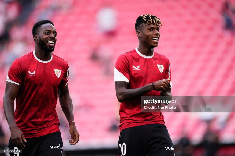 Iñaki Williams right winger of Athletic Club and Ghana and Nico Williams left winger of Athletic Club and Spain during the warm-up before the LaLiga EA Sports match between Athletic Club and Rayo Vallecano de Madrid at Estadio de San Mames on August 25, 2025 in Bilbao, Spain. (Photo by Jose Breton/Pics Action/NurPhoto via Getty Images)