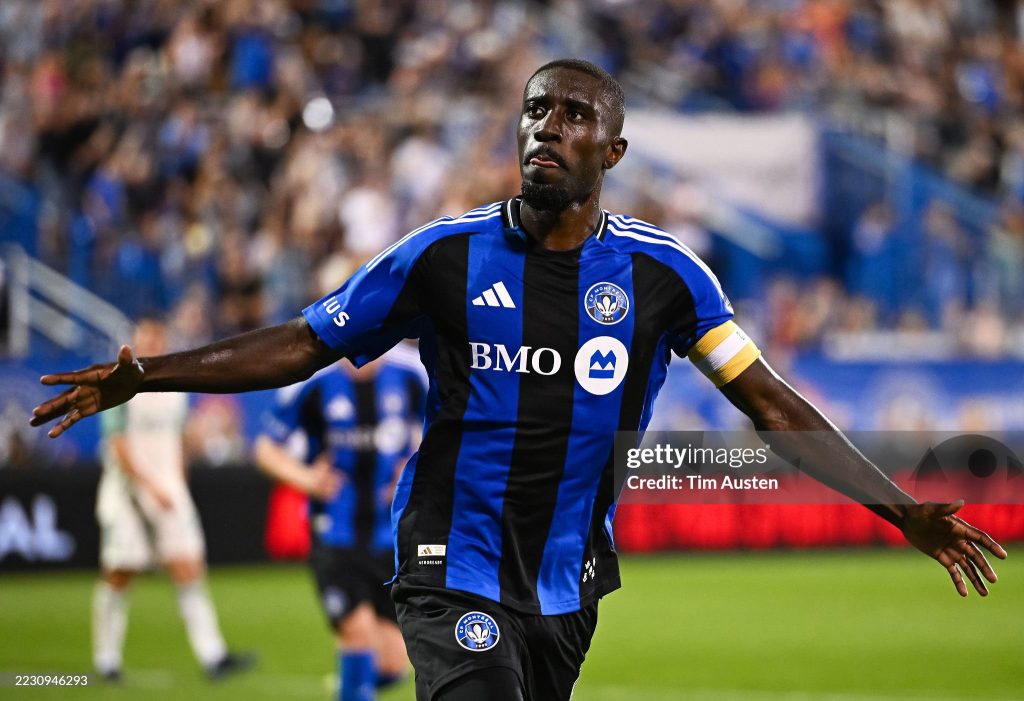 MONTREAL, CANADA - AUGUST 23: Prince Osei Owusu #9 of CF Montreal celebrates his goal against Austin FC during the second half at Saputo Stadium on August 23, 2025 in Montreal, Canada. (Photo by Tim Austen/Getty Images)