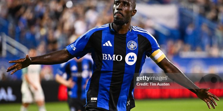 MONTREAL, CANADA - AUGUST 23: Prince Osei Owusu #9 of CF Montreal celebrates his goal against Austin FC during the second half at Saputo Stadium on August 23, 2025 in Montreal, Canada. (Photo by Tim Austen/Getty Images)