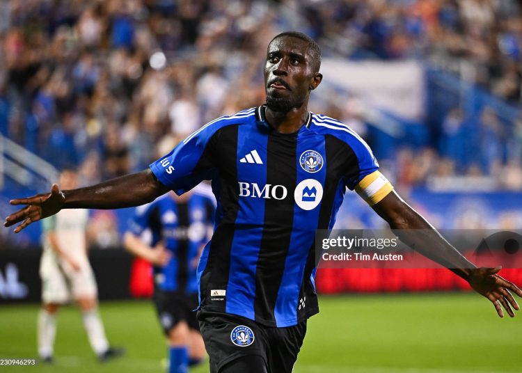 MONTREAL, CANADA - AUGUST 23: Prince Osei Owusu #9 of CF Montreal celebrates his goal against Austin FC during the second half at Saputo Stadium on August 23, 2025 in Montreal, Canada. (Photo by Tim Austen/Getty Images)