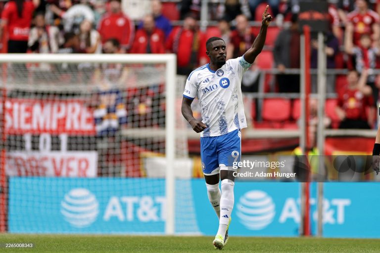 HARRISON, NEW JERSEY - MARCH 08: Prince Osei Owusu #9 of the CF Montréal reacts after scoring a goal during the first half at Sports Illustrated Stadium on March 08, 2026 in Harrison, New Jersey. (Photo by Adam Hunger/Getty Images)