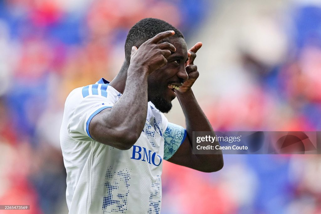 HARRISON, NEW JERSEY - MARCH 08: Prince Owusu #9 of the CF Montréal celebrates after scoring a goal from the penalty spot during the first half against the New York Red Bulls at Sports Illustrated Stadium on March 08, 2026 in Harrison, New Jersey. (Photo by Caean Couto/Getty Images)
