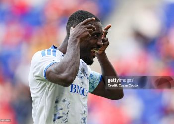 HARRISON, NEW JERSEY - MARCH 08: Prince Owusu #9 of the CF Montréal celebrates after scoring a goal from the penalty spot during the first half against the New York Red Bulls at Sports Illustrated Stadium on March 08, 2026 in Harrison, New Jersey. (Photo by Caean Couto/Getty Images)