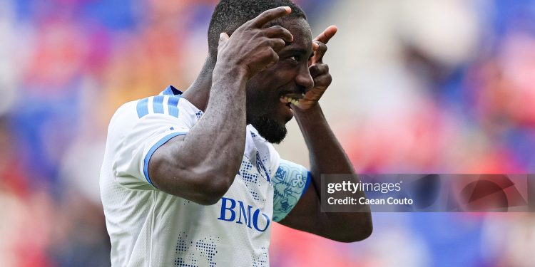 HARRISON, NEW JERSEY - MARCH 08: Prince Owusu #9 of the CF Montréal celebrates after scoring a goal from the penalty spot during the first half against the New York Red Bulls at Sports Illustrated Stadium on March 08, 2026 in Harrison, New Jersey. (Photo by Caean Couto/Getty Images)