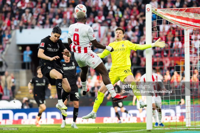 COLOGNE, GERMANY - MARCH 21: (EDITORS NOTE: Image has been digitally enhanced.) Ragnar Ache of FC Köln heads the ball during the Bundesliga match between 1. FC Köln and Borussia Mönchengladbach at RheinEnergieStadion on March 21, 2026 in Cologne, Germany. (Photo by Pau Barrena/Bundesliga/Bundesliga Collection via Getty Images)