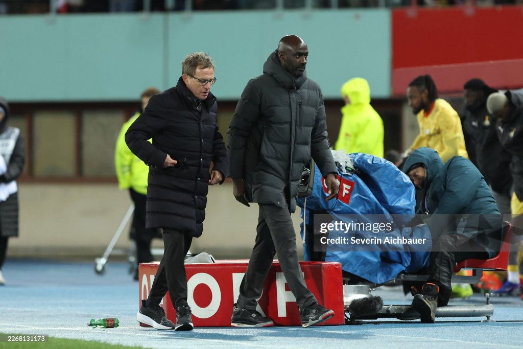 VIENNA, AUSTRIA - MARCH 27: Head Coach Ralf Rangnick of Austria and head Coach Otto Addo of Ghana during the friendly match between Austria and Ghana at Ernst Happel Stadion on March 27, 2026 in Vienna, Austria. (Photo by Severin Aichbauer/SEPA.Media /Getty Images)
