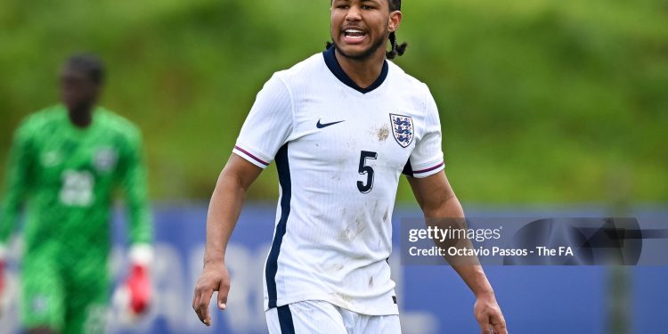 FREAMUNDE, PORTUGAL - MARCH 22: Samuel Amissah of England during the U18 men's international match between France and England at Complexo Desportivo do SC Freamunde on March 22, 2025 in Freamunde, Portugal. (Photo by Octavio Passos - The FA/The FA via Getty Images)