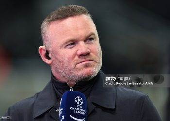 NEWCASTLE UPON TYNE, ENGLAND - FEBRUARY 24:  Wayne Rooney working as a television pundit for Amazon Prime ahead of the UEFA Champions League 2025/26 League Knockout Play-off Second Leg match between Newcastle United FC and Qarabag FK at St James' Park on February 24, 2026 in Newcastle upon Tyne, United Kingdom. (Photo by Robbie Jay Barratt - AMA/Getty Images)