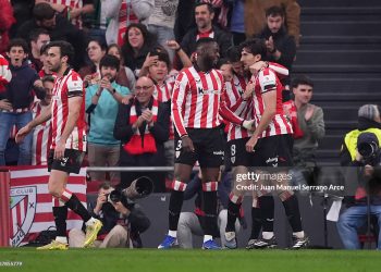 BILBAO, SPAIN - MARCH 22: Daniel Vivian of Athletic Club (R) celebrates scoring his team's first goal with teammates Inaki Williams and Inigo Lekue during the LaLiga EA Sports match between Athletic Club and Real Betis Balompie at Estadio de San Mames on March 22, 2026 in Bilbao, Spain. (Photo by Juan Manuel Serrano Arce/Getty Images)