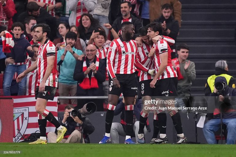 BILBAO, SPAIN - MARCH 22: Daniel Vivian of Athletic Club (R) celebrates scoring his team's first goal with teammates Inaki Williams and Inigo Lekue during the LaLiga EA Sports match between Athletic Club and Real Betis Balompie at Estadio de San Mames on March 22, 2026 in Bilbao, Spain. (Photo by Juan Manuel Serrano Arce/Getty Images)