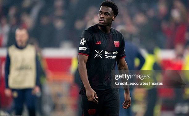 LEVERKUSEN, GERMANY - MARCH 11: Ernest Poku of Bayer 04 Leverkusen disappointed after the match  during the UEFA Champions League  match between Bayer Leverkusen v Arsenal at the BayArena on March 11, 2026 in Leverkusen Germany (Photo by Gerrit van Keulen/Soccrates/Getty Images)