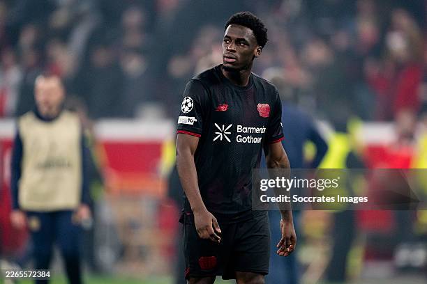 LEVERKUSEN, GERMANY - MARCH 11: Ernest Poku of Bayer 04 Leverkusen disappointed after the match during the UEFA Champions League match between Bayer Leverkusen v Arsenal at the BayArena on March 11, 2026 in Leverkusen Germany (Photo by Gerrit van Keulen/Soccrates/Getty Images)