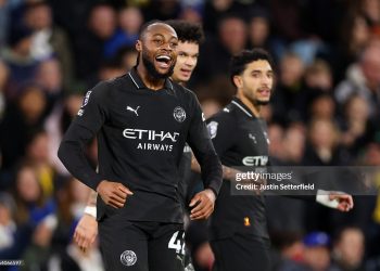 LEEDS, ENGLAND - FEBRUARY 28: Antoine Semenyo of Manchester City celebrates scoring his team's first goal during the Premier League match between Leeds United and Manchester City at Elland Road on February 28, 2026 in Leeds, England. (Photo by Justin Setterfield/Getty Images)