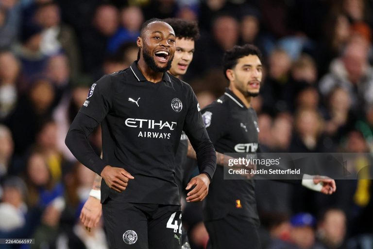 LEEDS, ENGLAND - FEBRUARY 28: Antoine Semenyo of Manchester City celebrates scoring his team's first goal during the Premier League match between Leeds United and Manchester City at Elland Road on February 28, 2026 in Leeds, England. (Photo by Justin Setterfield/Getty Images)