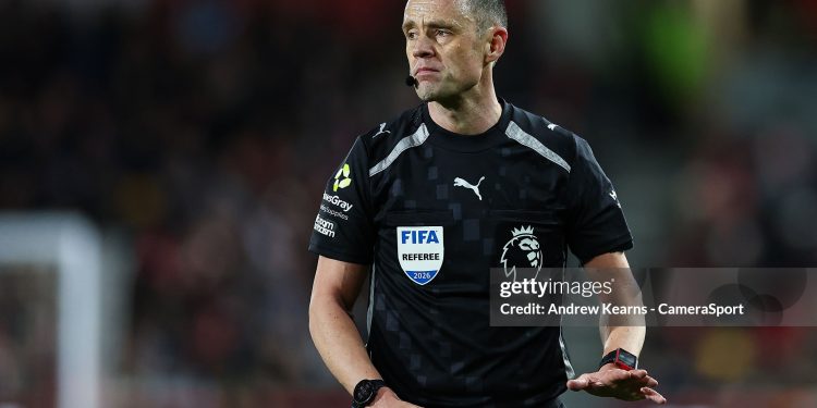 BRENTFORD, ENGLAND - MARCH 16: Referee Stuart Attwell looks on during the Premier League match between Brentford and Wolverhampton Wanderers at Gtech Community Stadium on March 16, 2026 in Brentford, United Kingdom. (Photo by Andrew Kearns - CameraSport via Getty Images)