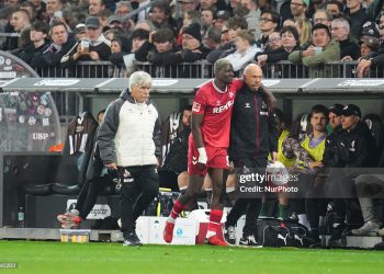 Ragnar Ache (FC K0ln)  gestures during Matchday 30 1.Bundesliga: St. Pauli and Cologne at Millerntor-Stadion, Hamburg, Germany on April 17  2026. (Photo by Ulrik Pedersen/NurPhoto via Getty Images)