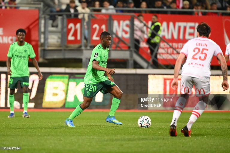 Augustine BOAKYE of Saint-Etienne during the Ligue 2 BKT match between AS Nancy-Lorraine and AS Saint-Étienne at Stade Marcel Picot on April 4, 2026 in Nancy, France. (Photo by Christophe Saidi/FEP/Icon Sport via Getty Images)