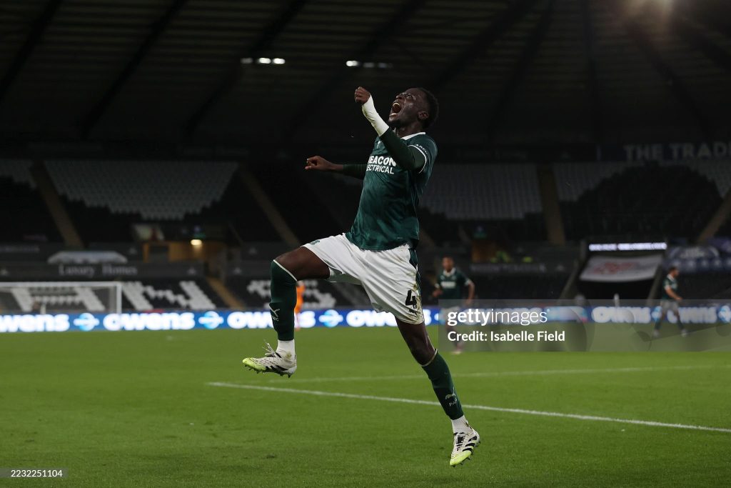 SWANSEA, WALES - AUGUST 26: Brendan Wiredu of Plymouth Argyle celebrates after scoring the equalizer during the Carabao Cup Second Round match between Swansea City and Plymouth Argyle at Swansea.com Stadium on August 26, 2025 in Swansea, Wales.  (Photo by Isabelle Field/Getty Images)