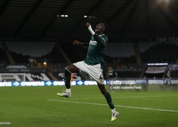 SWANSEA, WALES - AUGUST 26: Brendan Wiredu of Plymouth Argyle celebrates after scoring the equalizer during the Carabao Cup Second Round match between Swansea City and Plymouth Argyle at Swansea.com Stadium on August 26, 2025 in Swansea, Wales.  (Photo by Isabelle Field/Getty Images)