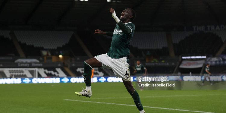 SWANSEA, WALES - AUGUST 26: Brendan Wiredu of Plymouth Argyle celebrates after scoring the equalizer during the Carabao Cup Second Round match between Swansea City and Plymouth Argyle at Swansea.com Stadium on August 26, 2025 in Swansea, Wales.  (Photo by Isabelle Field/Getty Images)