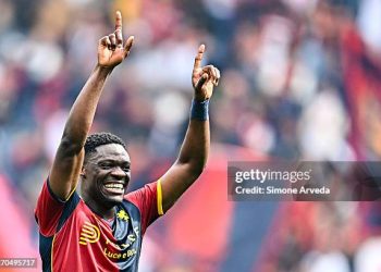 GENOA, ITALY - APRIL 12: Caleb Ekuban of Genoa celebrates after the Serie A match between Genoa CFC and US Sassuolo Calcio at Luigi Ferraris Stadium on April 12, 2026 in Genoa, Italy. (Photo by Simone Arveda/Getty Images)