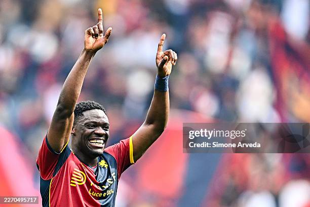 GENOA, ITALY - APRIL 12: Caleb Ekuban of Genoa celebrates after the Serie A match between Genoa CFC and US Sassuolo Calcio at Luigi Ferraris Stadium on April 12, 2026 in Genoa, Italy. (Photo by Simone Arveda/Getty Images)