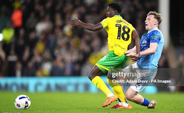 Norwich City's Forson Amankwah (left) and Derby County's Derry Murkin battle for the ball during the Sky Bet Championship match at Carrow Road, Norwich. Picture date: Tuesday April 21, 2026. (Photo by Adam Davy/PA Images via Getty Images)