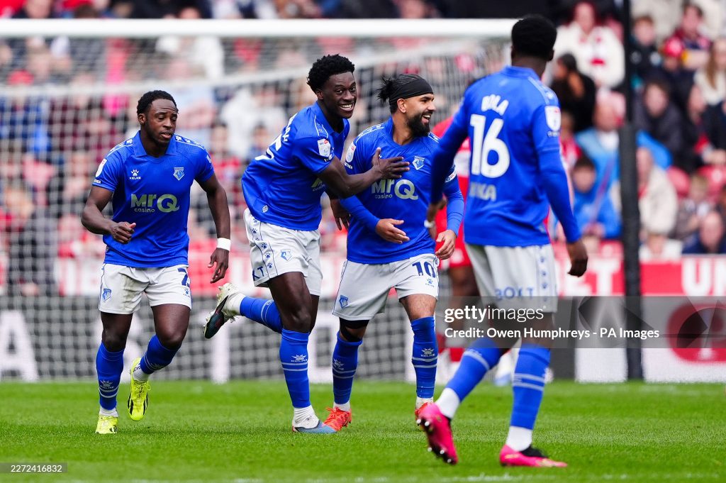 Watford's James Abankwah (centre) celebrates scoring his sides first goal during the Sky Bet Championship match at the Riverside Stadium, Middlesbrough. Picture date: Saturday April 25, 2026. (Photo by Owen Humphreys/PA Images via Getty Images)